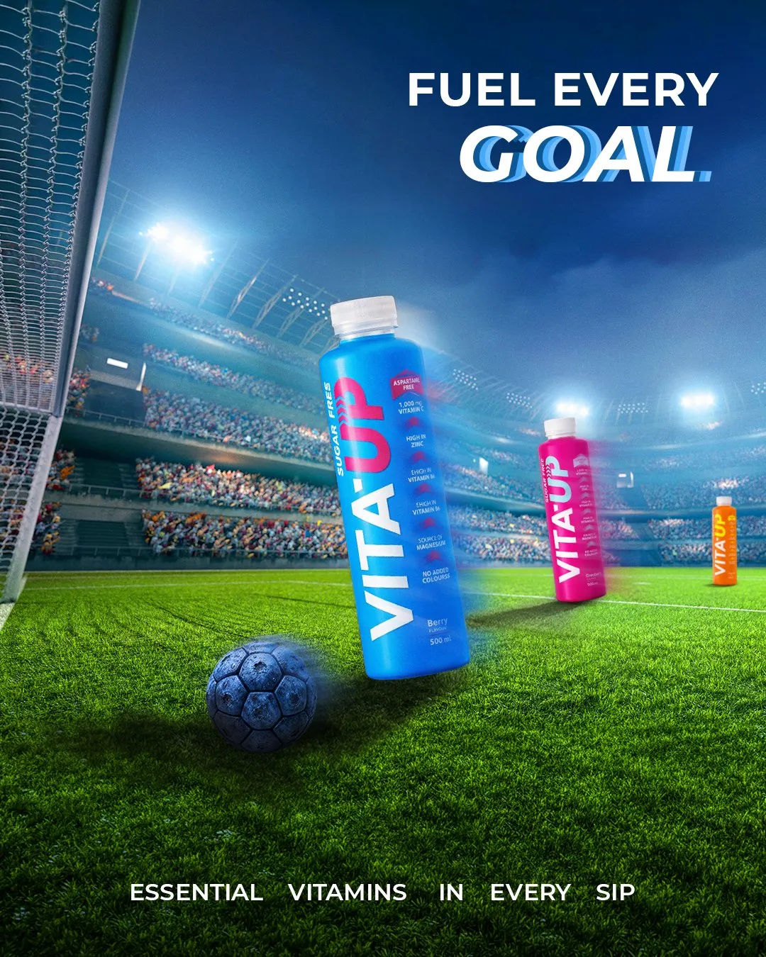 Vita-Up post: Fuel every goal, a Berry bottle on a floodlit soccer pitch