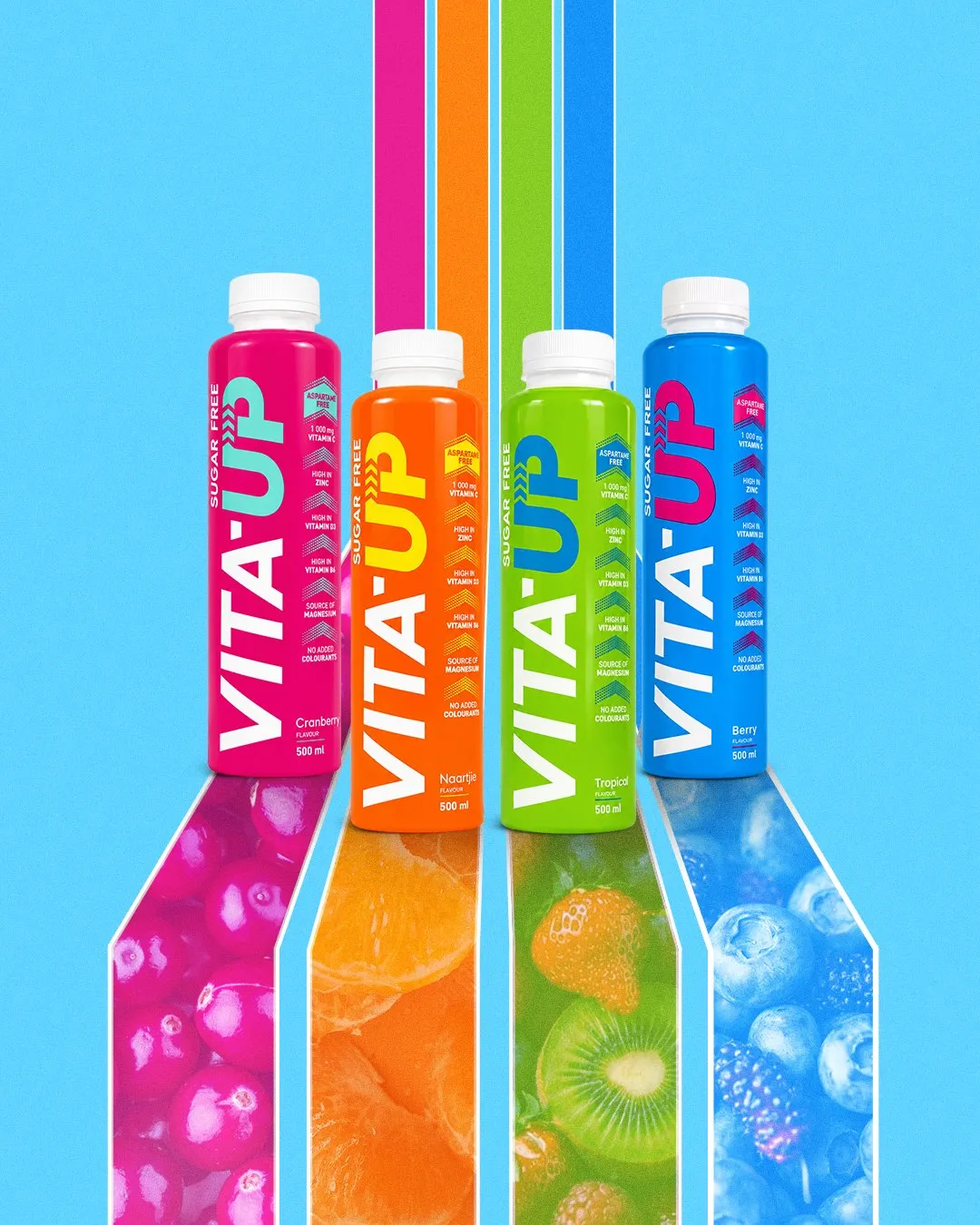 Vita-Up post: the four bottles on pink, orange, green and blue ribbons filled with fruit